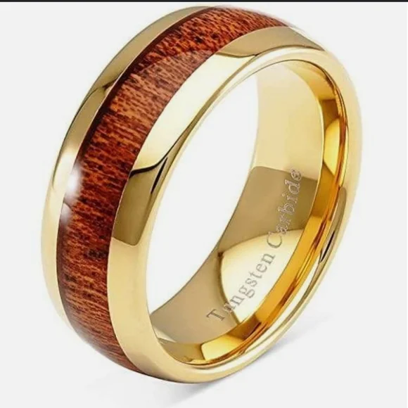Tungsten Carbide Yellow Gold Plated Ring With Koa Wood Inlay